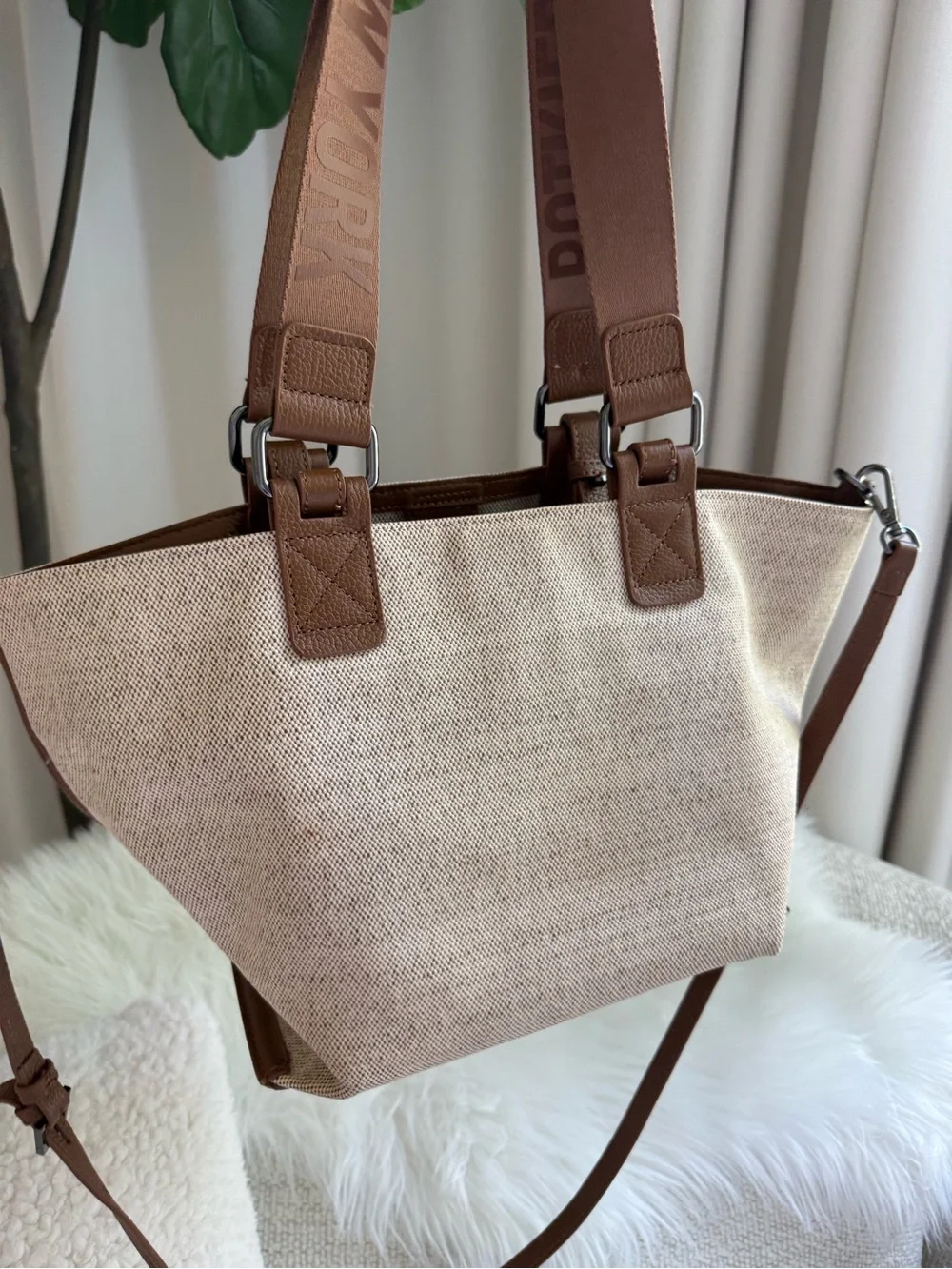Botkier Beige Canvas Tote with Brown Leather Trim